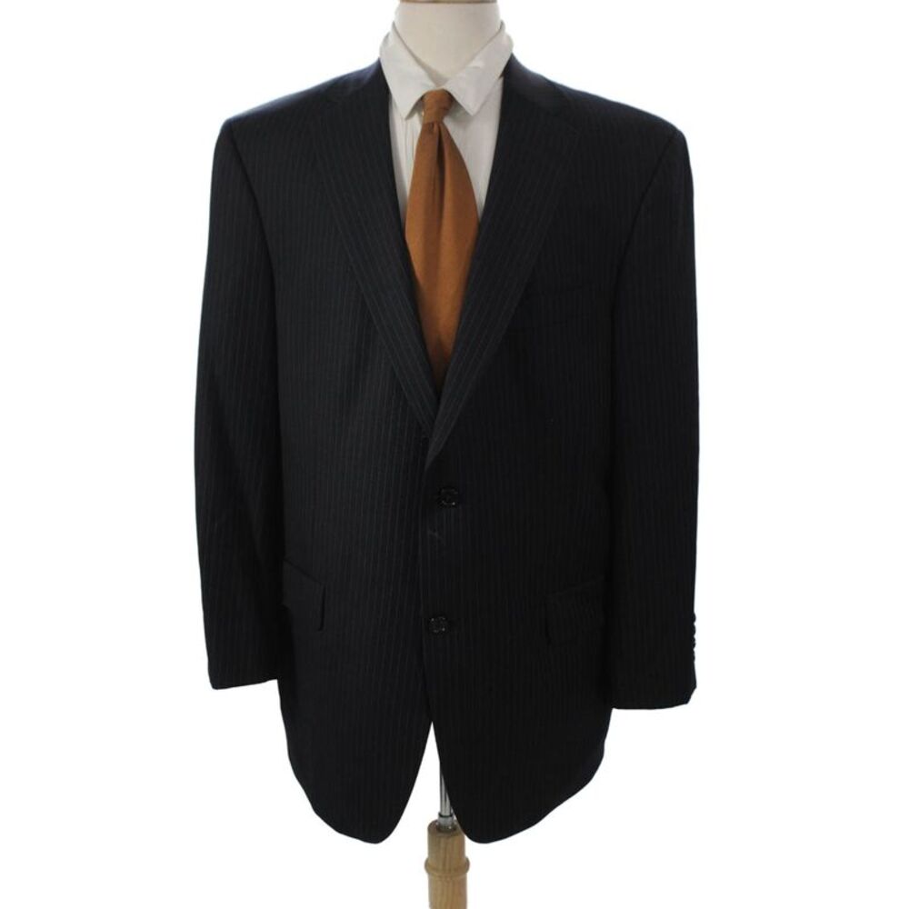 Hart Schaffner Marx Mens 2 Piece Wool Striped Suit Jacket Black Button Size 44